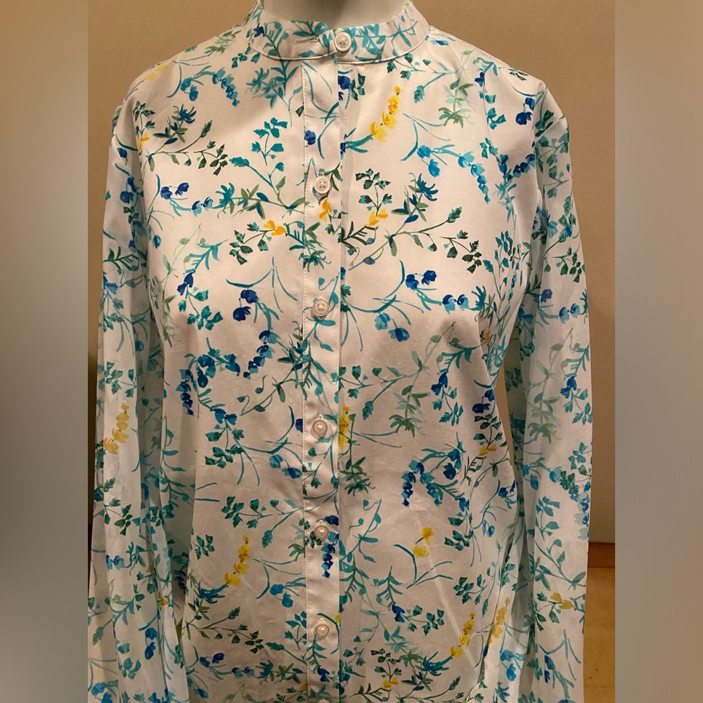 DKNY White Floral Button-Down Shirt with Blue & Yellow Accents
